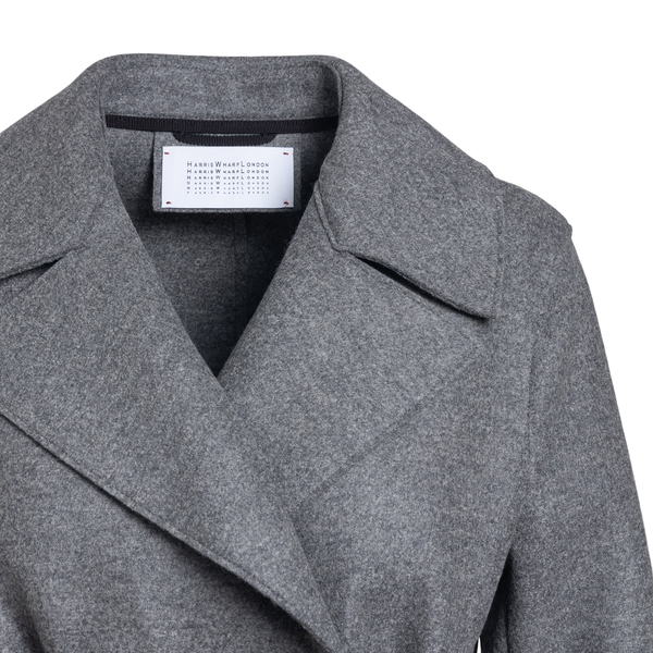 Long grey coat with belt                                                                                                                               HARRIS WHARF LONDON