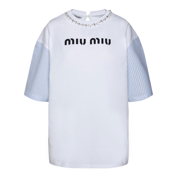 T-shirt bianca con applicazione di perle                                                                                                               MIU MIU MIU MIU