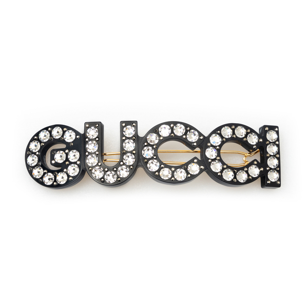 Brooch with black logo and rhinestones                                                                                                                Gucci 657512 front