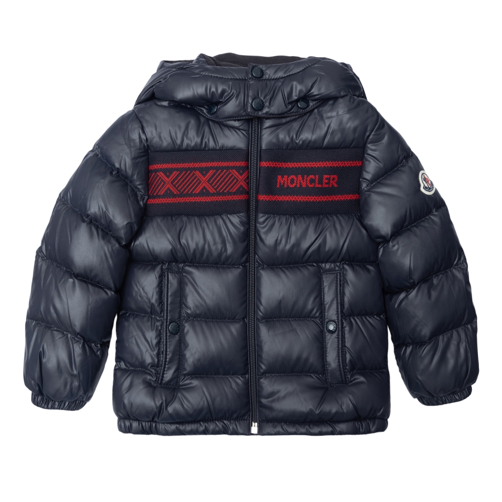 Blue down jacket with brand name band Moncler